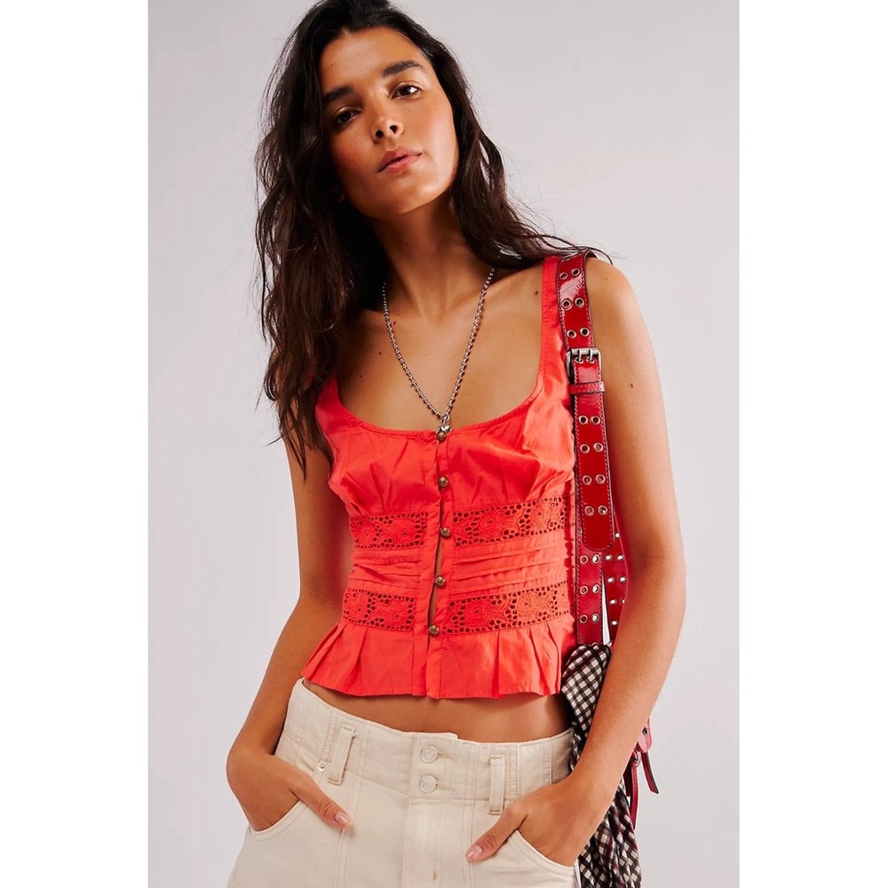 Free People Kianna Lace‎ Button Front Tank in Radiant Watermelon